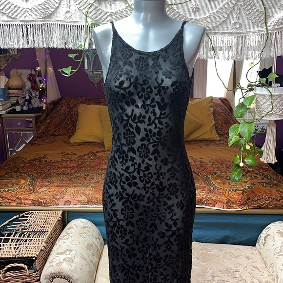 Vintage 90s Goth Maidenform Velvet Burnout Sheer floral maxi slip dress - Picture 2 of 5